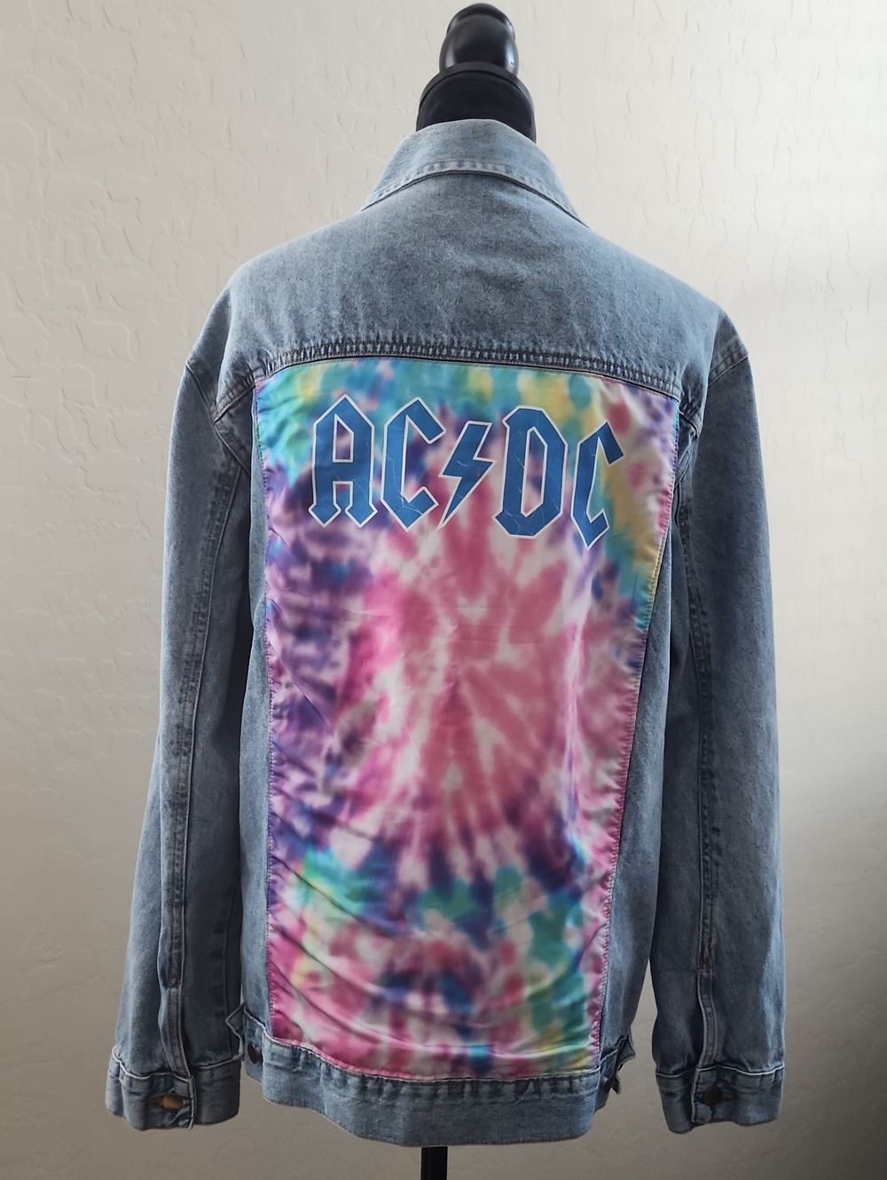 AC/DC Light Blue Denim Jacket with Pink & Purple Tie-Dye Back